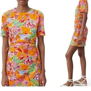 Zara yellow and orange floral print mini T-shirt dress with tie waist